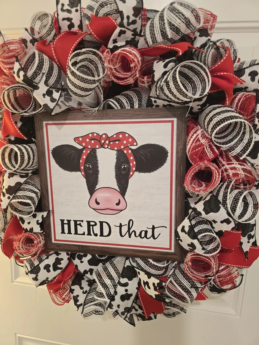 Farmhouse 'HERD That' Cow Wreath in Black, White & Red